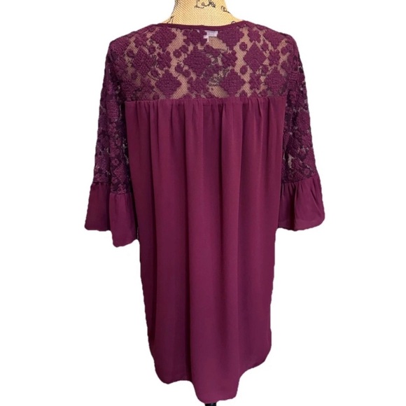 Pleione Burgundy Maroon Shift Dress Med Lace Bodice 3/4 Bell Sleeve Lined - Picture 3 of 9